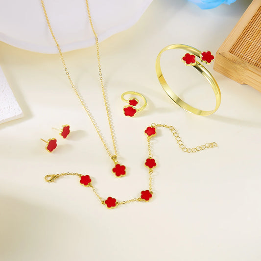 5Pcs/Set Colorful Enamel Plum Blossom Bracelets for Women Lucky Five Leaf Flower Necklace Earring Elegance Party Jewelry Gifts